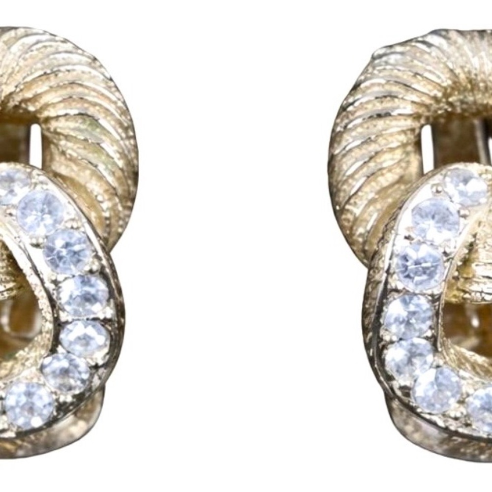 Christian Dior Vintage Gold Knot Rhinestone Clip Earrings Signed Designer Rare